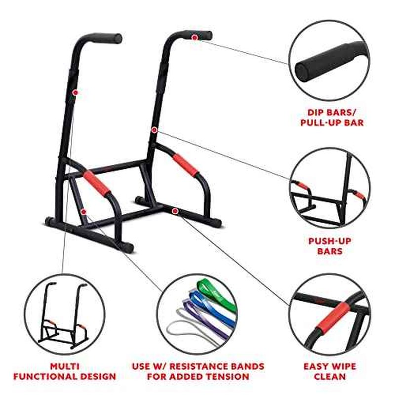 Sunny Health & Fitness Power Tower, Dip Bar, Push-Up & Pull Up Assisting Parallette Station w Optional Rock Climbing Grip Trainer