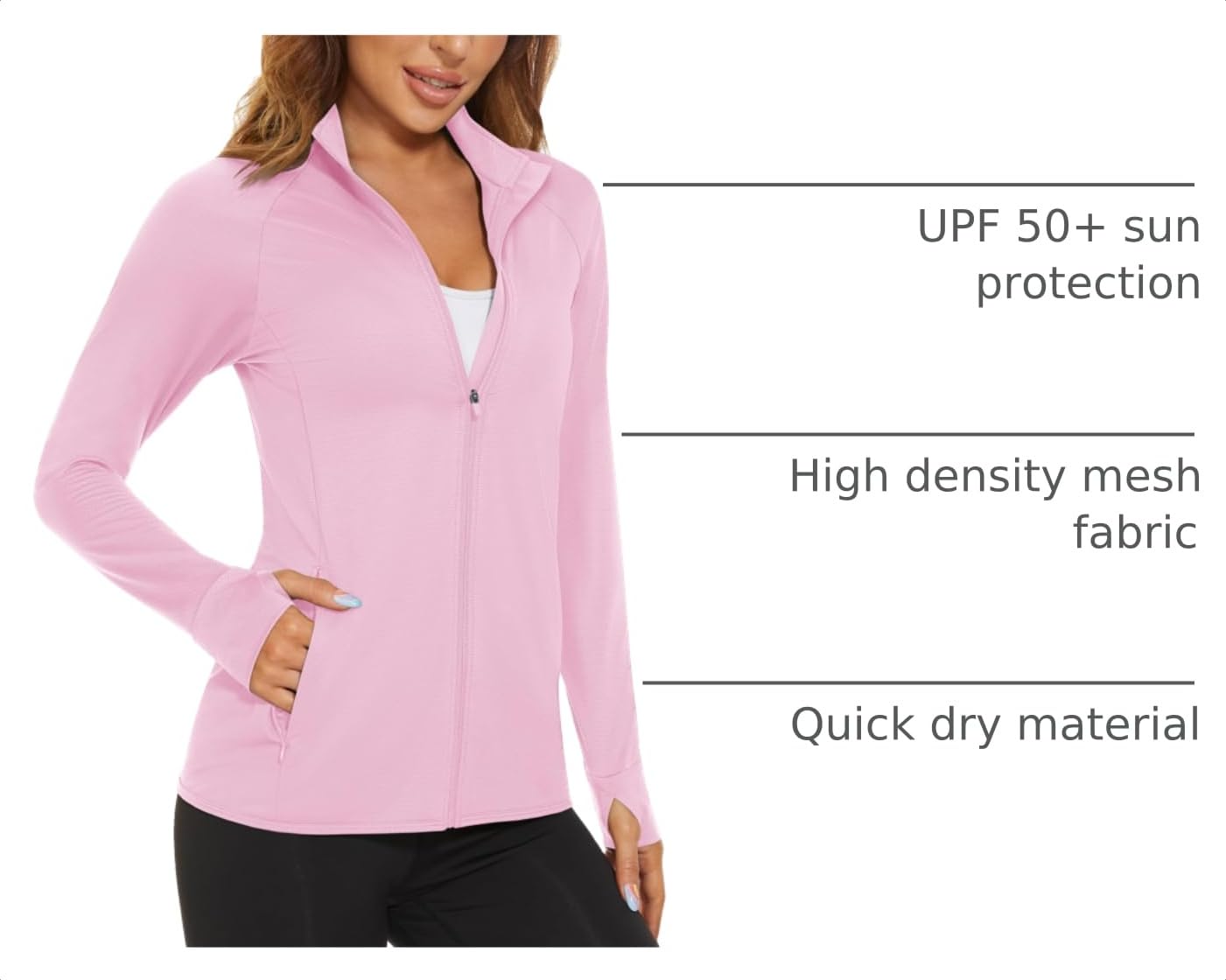 MAGCOMSEN Women's Zip Up Lightweight Long Sleeve Jacket UV Sun Protection Quick Dry Active Shirts Jacket with Zipper Pockets Light Pink L