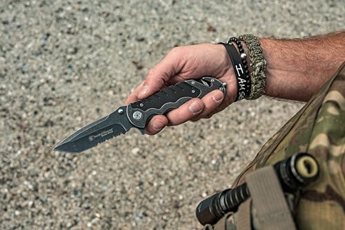 Smith & Wesson Border Guard SWBG10S 8.3in High Carbon S.S. Folding Knife with 3.5in Serrated Tanto Blade and Aluminum Handle for Outdoor, Tactical, Survival and EDC ,Black