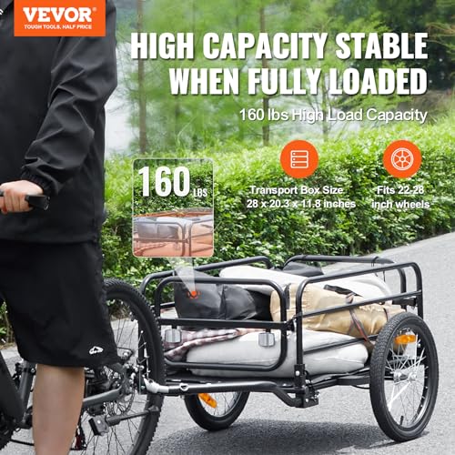 VEVOR Bike Cargo Trailer, 160 lbs Load Capacity, Heavy-Duty Bicycle Wagon Cart, Foldable Compact Storage & Quick Release with Universal Hitch, 16" Wheels, Safe Reflectors, Fits 22"-28" Bike Wheels