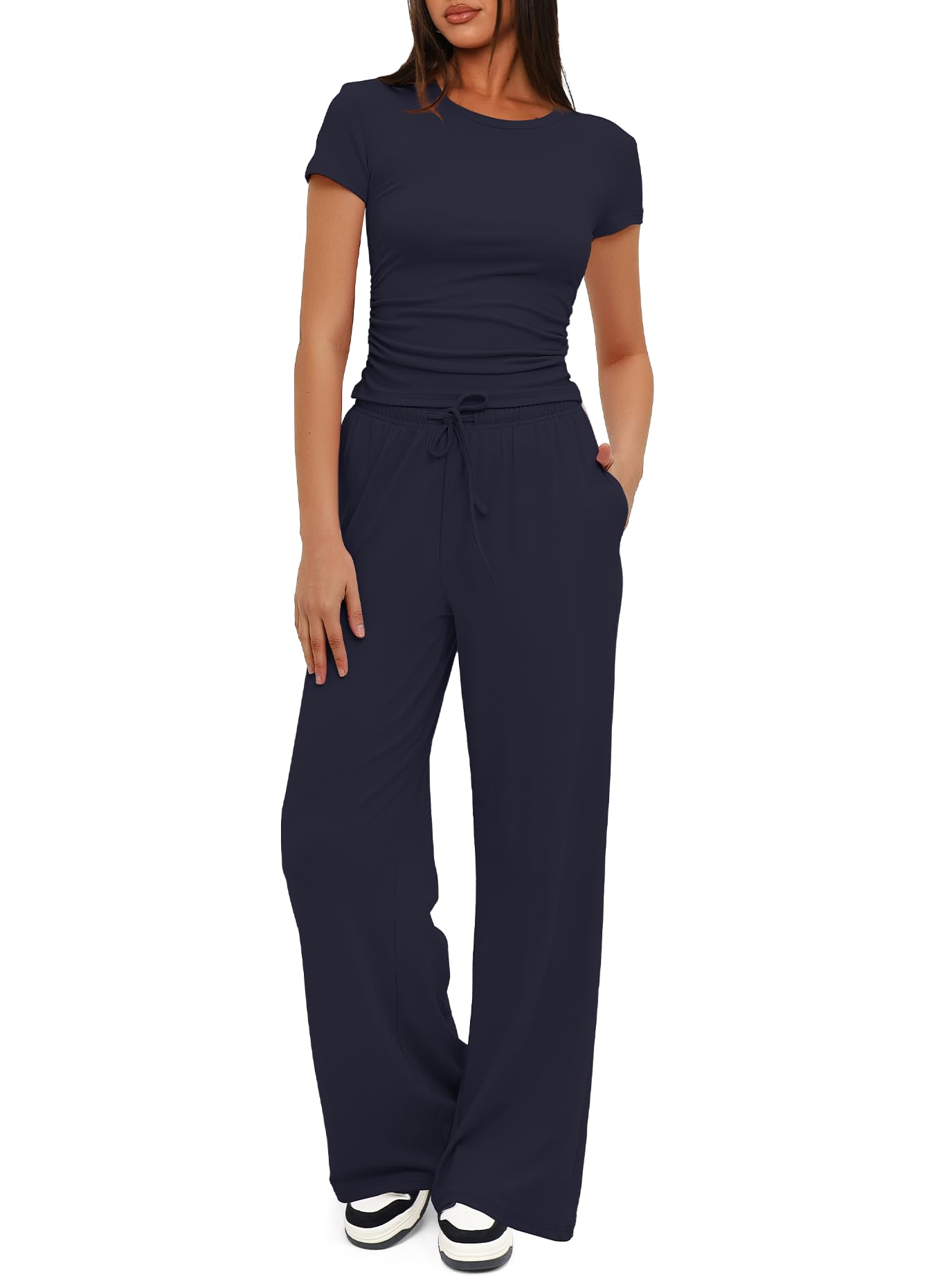Darong Women's 2 Piece Outfits Short Sleeve Lounge Sets 9042A Dark Blue M