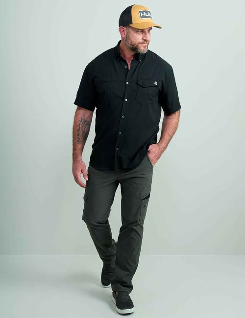 HUK mens Tide Point Solid Short Sleeve Shirt, for Men Button Down Shirt, Black, Medium US
