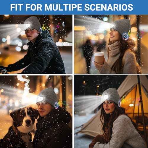 Rotibox Bluetooth Beanie with Light, Unisex USB Rechargeable 4 LED Headlamp Hat with Wireless Headphones