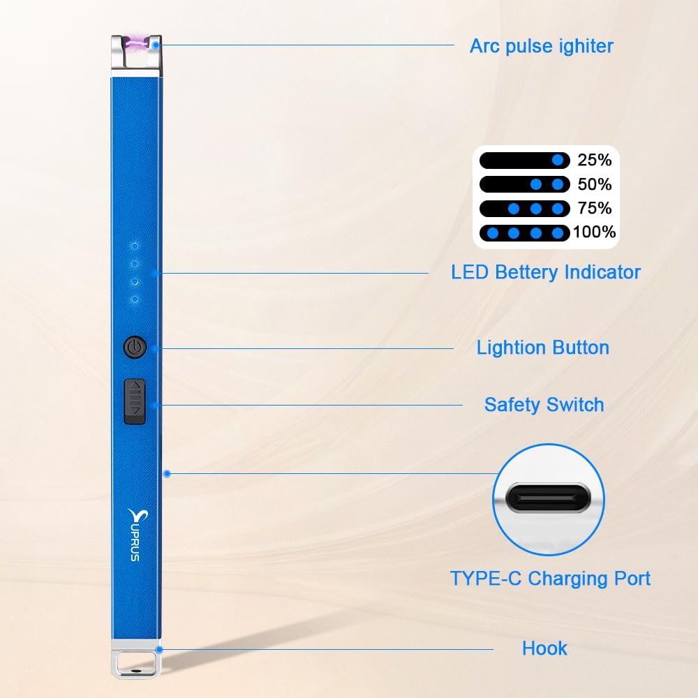 Flameless Electric Arc USB Lighter - Windproof Rechargeable with Safety Lock | Blue, 3-Pack