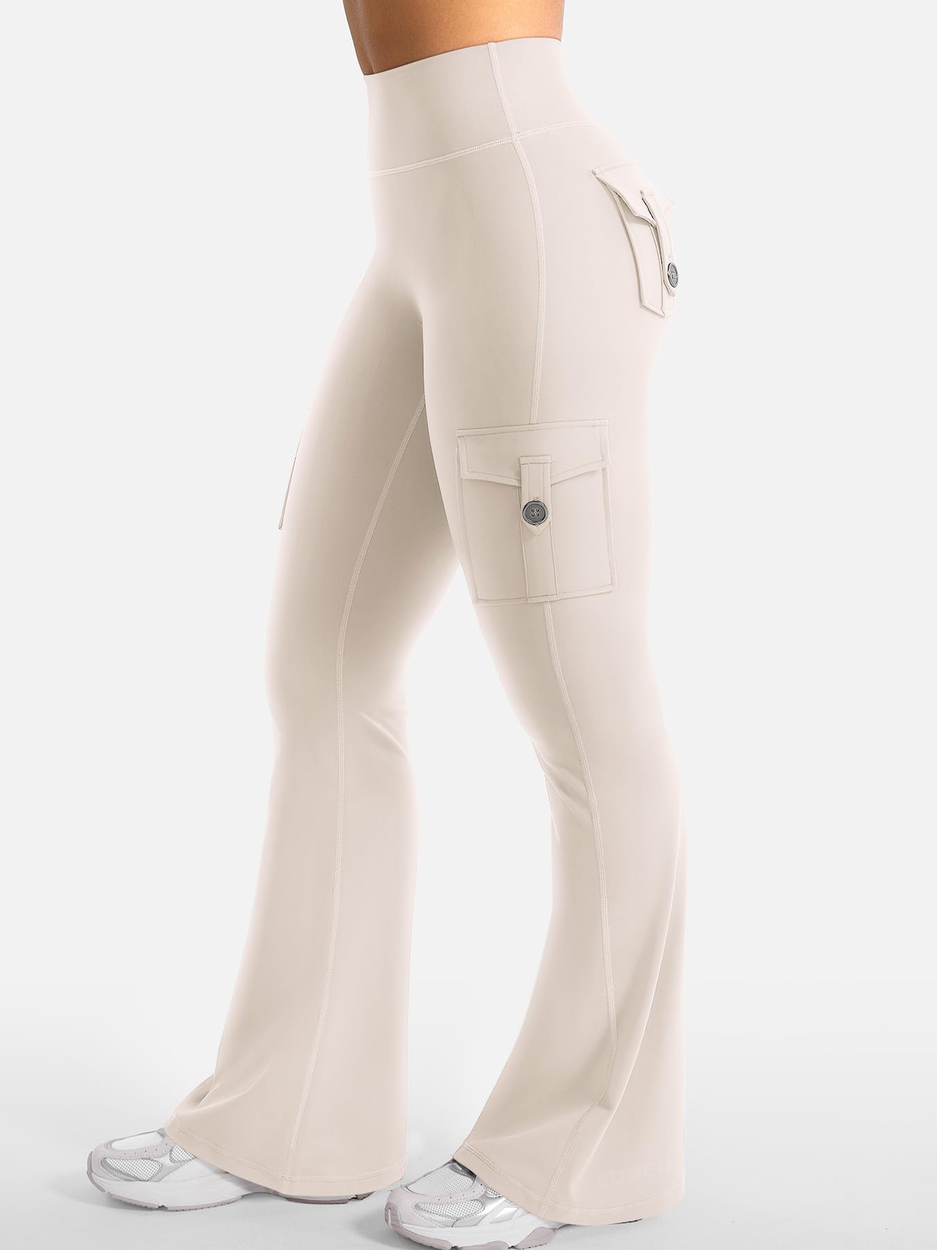 YEOREO CoreFlex Women Workout Flare Leggings with Pockets Hidden Scrunch Cargo Gym Yoga No Front Seam Leggings Light Khaki M