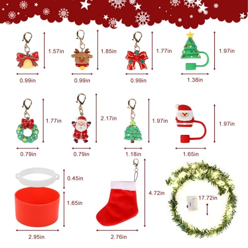 12Pcs Christmas Stanley Cup Accessories Set Including Light Up Christmas Garland, Straw Toppers, Silicone Boot, Water Bottle Charm for Stanley Tumbler 40oz&30oz