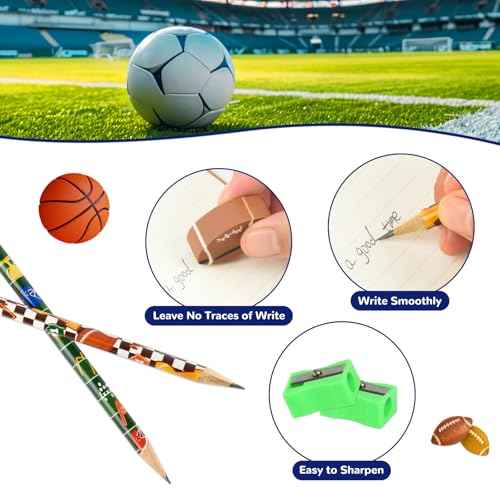 48 Pcs Sports Pencils and Erasers for Boys Girls Sports Birthday Gifts Assortment Stationery Pencils for Students Office School Classroom Supplies.