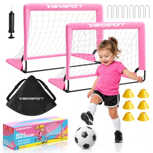 Pink Mini Toddler Soccer Goal Set for Backyard - 2 Pack 2x1.5 ft Kids Soccer Goals with Accessories