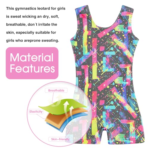 uideazone Size 5 6 Girls Gymnastics Dance Leotards Kids One-piece Colorful 80s 90s Ballet Bodysuit Quick Dry Stretchy Athletic Unitards