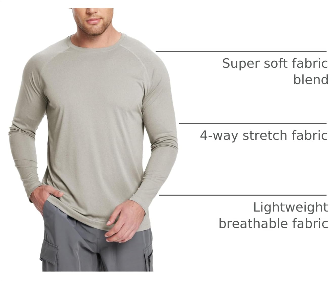 baleaf Men's Long Sleeve Running Shirts Workout Tops Quick Dry SPF Rash Guard Lightweight Hiking Sun Protection t Shirt Khaki S