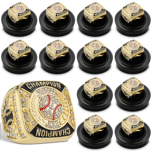 Landical 12 Pcs Baseball Championship Ring Baseball Champion Rings Softball Trophy Award Gift with Display Neck Chain and Stand for Tournament or League Baseball Champion Winner(Gold, 12 Pcs)