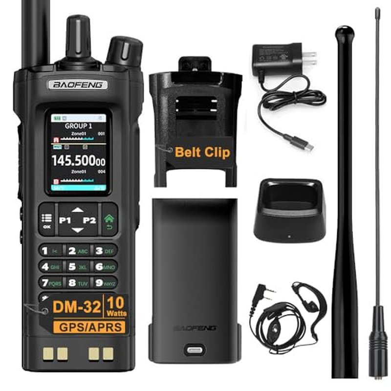 BAOFENG DM32 DM-32UV DM-32 10W Tri-Power DMR Walkie Talkie Digital Mobile Radio Dual-Mode Analog GPS APRS Dual Band Dual Time Slot AM FM Type-C Charging 2 Way Radio for Outdoor Survival Gear (Black)