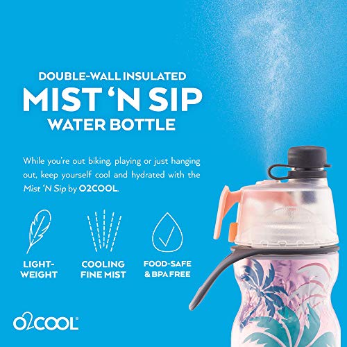 O2COOL Mist 'N Sip Misting Water Bottle 2-in-1 Mist And Sip Function With No Leak Pull Top Spout Sports Water Bottle Reusable Water Bottle - 20 oz (Pink Palm Tree)