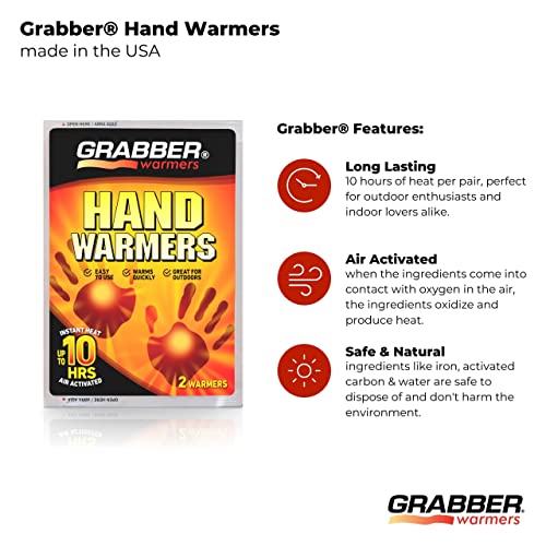 Grabber Hand Warmers - Long Lasting Safe Natural Odorless Air Activated Warmers - Up to 7 Hours of Heat - 10 Pairs,one color,HWPP10DISPLAYUSA