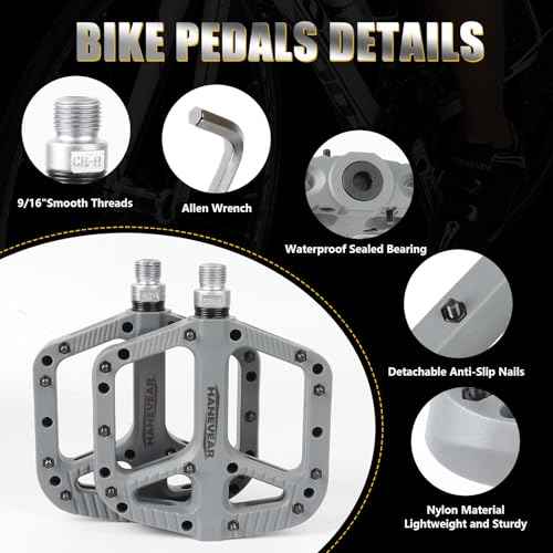 HANEVEAR Mountain Bike Pedals, Large Size MTB Pedals 9/16" Wide Platform Pedals, Lightweight Nylon Fiber Bicycle Pedals for BMX MTB Road Bikes