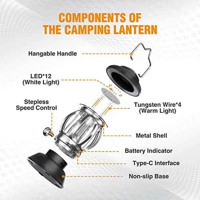 EverBrite Camping Lantern Rechargeable, Retro Metal Camping Light, 4400mAh Battery Powered Hanging Vintage Camping Lamp, 3 Light Modes, Outdoor Tent Light, Emergency Lantern for Power Outage - Black