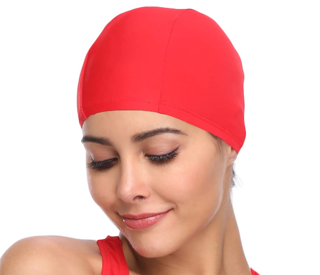 SHEKINI Womens Sports Nylon Spandex Fabric Swimming Cap Bathing Cap Head Cover (Rose Red)