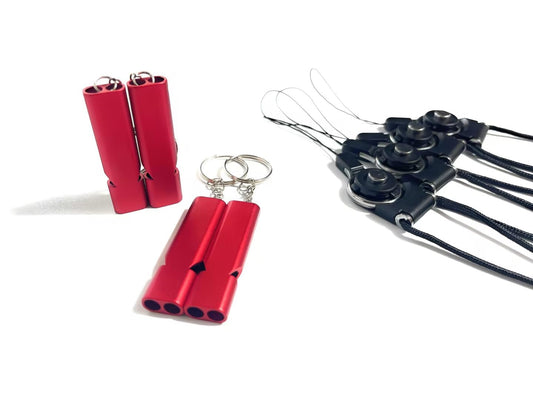 PUKANGMEDD 4-Pack Loud 120dB Double Tube Emergency Whistle - Aluminum Alloy, Corrosion-Resistant Safety Whistle with Lanyard & Keychain-Ideal for Camping Hiking Boating Fishing Survival Tool (Red)