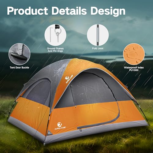 Camping Tent, 3/4 Person Dome Tent Backpacking Instant Tent with Easy Setup, Waterproof Lightweight Portable Pop Up Tent for Camping, Hiking, Mountaineering or Beach, Includes Wind Rope and Carry Bag