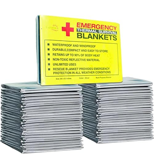Rawyer Emergency Thermal Survival Blankets (10 Pack), Mylar Blankets for Outdoor, Camping, Hiking, Harsh Weather, Large Silver Thermal Sheets, Heavy Duty Survival Gear (10, 84x52)