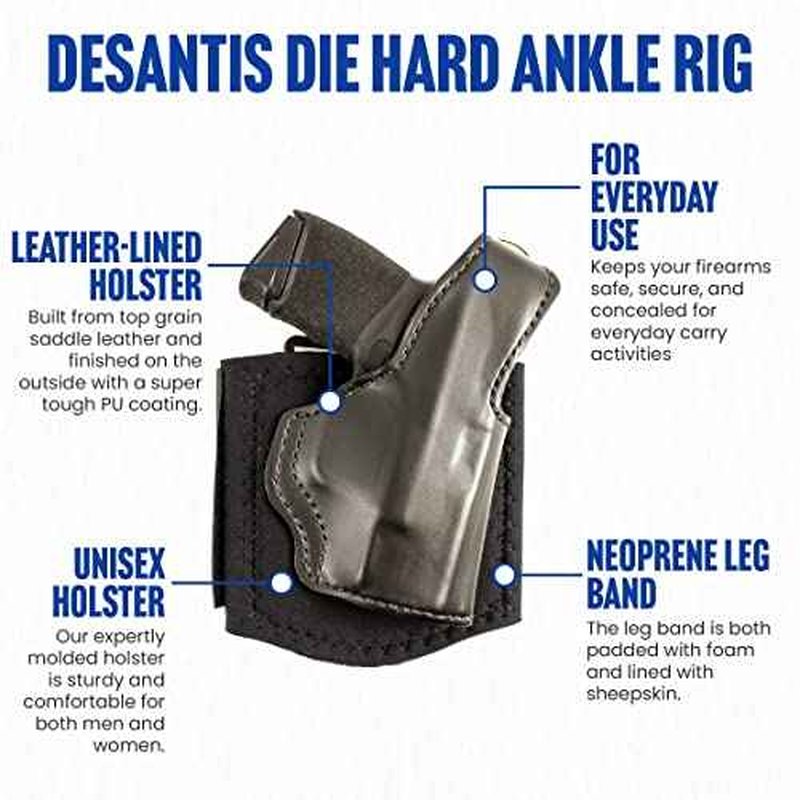 DeSantis Die Hard Ankle Rig, Concealed Ankle Holster, Leather Lined Holster with Thumb Break, Neoprene Leg Band, Fits Springfield Hellcat 3¡±, Hellcat OSP 3¡±, Unisex, Right-Hand Draw, Black