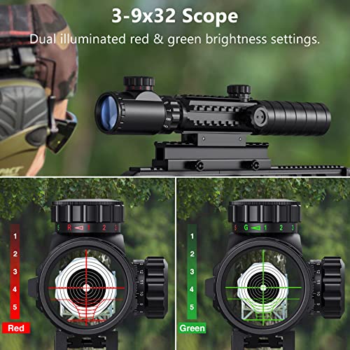 MidTen 3-9x32 4-in-1 Scope Combo with Dual Illuminated Scope Optics & 4 Holographic Reticle Red/Green Dot Sight & IIIA/2MW Laser Sight Rangefinder Illuminated Reflex Sight & 20mm Mount