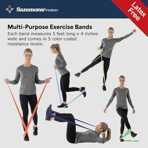 Sammons Preston Non-Latex Exercise Band, 5 Pack, Improve Strength, Dexterity, and Flexibility, Stretch & Tone All Major Muscle Groups, Set of 5 Includes All Five Increasing Resistance Levels