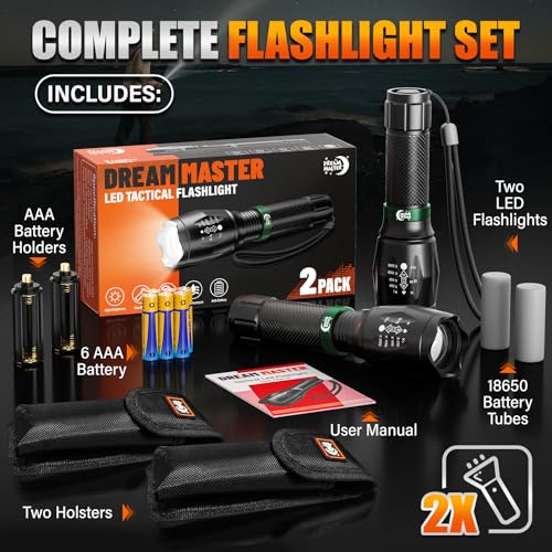 2 Pack LED Flashlights High Lumens with 6 AAA Batteries, 5 Modes Mini Waterproof Tactical Flashlight for Camping Hiking, Bright Flashlight with Zoomable, Fathers Day Gifts for Him, Black & Green