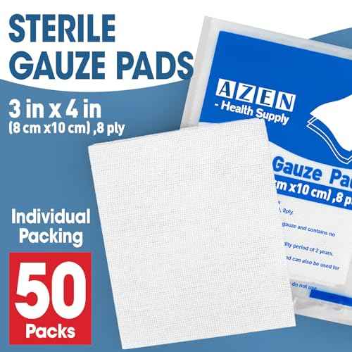 AZEN 50 Pack Sterile Gauze Pads, 3" x 4" Non Stick Gauze Pads, 8-Ply Cotton Gauze Sponges for Wound Care and First Aid, Highly Absorbent Individually Wrapped Medical Gauzes