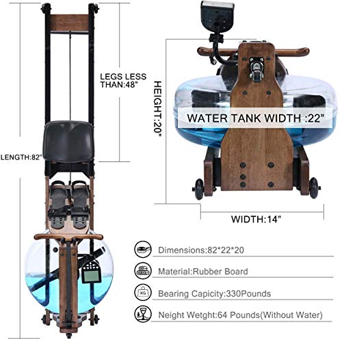 TRUNK Foldable Water Rowing Machine for Home Fitness, Classic Wood Rower Machine with Bluetooth Monitor Whole Body Exercise Cardio Training (Included an Dust Cover and Phone Holder)