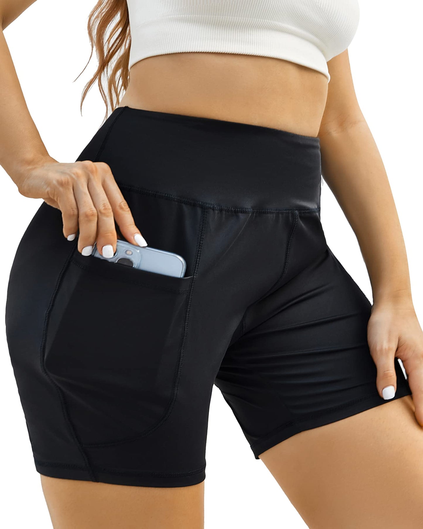 Honwenle Women's Plus Size Yoga Shorts High Waist Workout Biker Volleyball Athletic Running Exercise Sports Gym Stretch Tummy Control Stretchy Shorts with Two Side Pockets Black 2X 3X 4X 5X