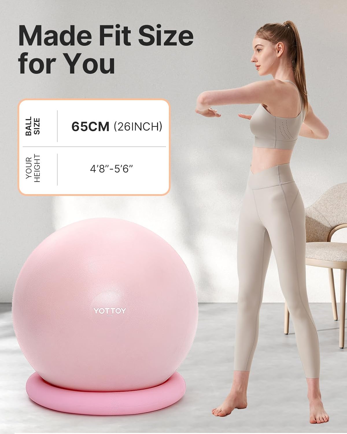 YOTTOY Exercise Ball Chair - Yoga Ball Seat for Home Office | Stability & Fitness Ball (Pink, 23-26 Inches)