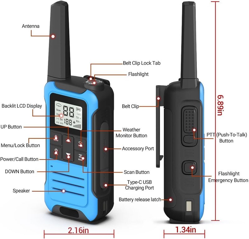 Long Range Walkie Talkies - Rechargeable FRS Two Way Radio | 4-Pack with 1400mAh Battery, USB-C, NOAA & Flashlight for Camping