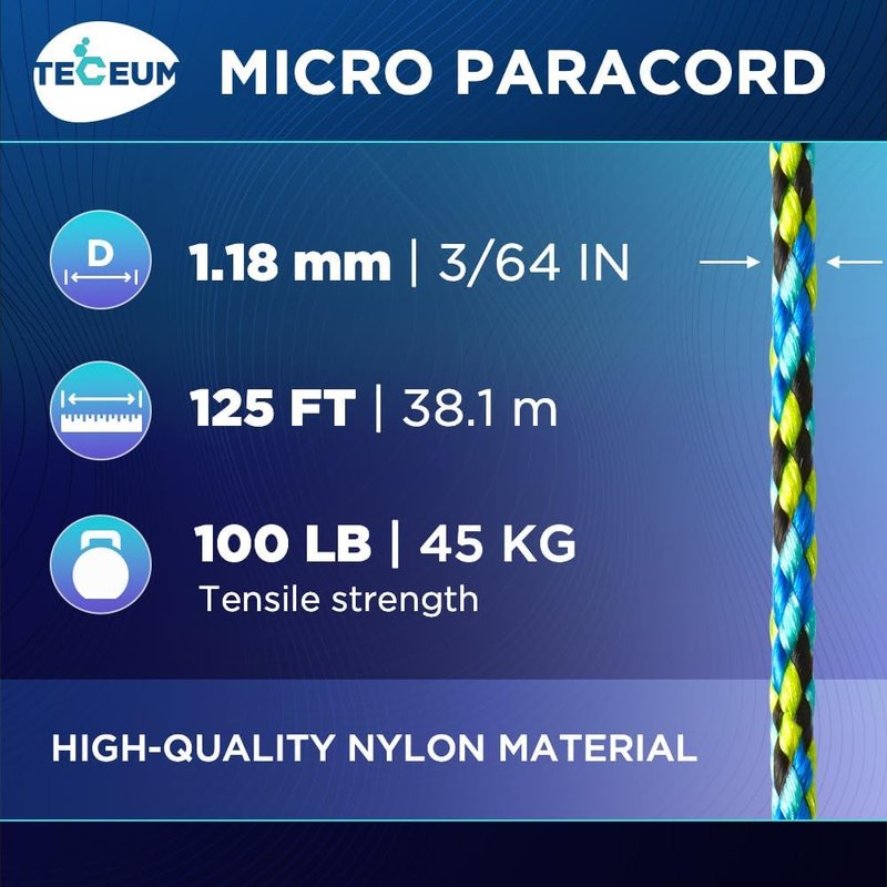 Micro Paracord Utility Cord - 1.18 mm x 125 ft Thin Braided Rope for Crafting, DIY, Fishing & Camping