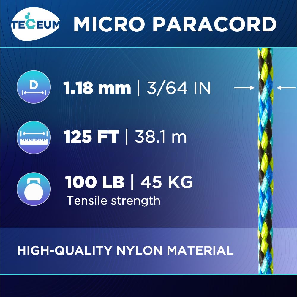 TECEUM Micro Paracord – Aquatica – 1.18 mm x 125 ft – Micro Utility Cord – Thin Braided Paracord Rope Nylon Polyester – Wind Chime Replacement – Survival Strong String 0621с