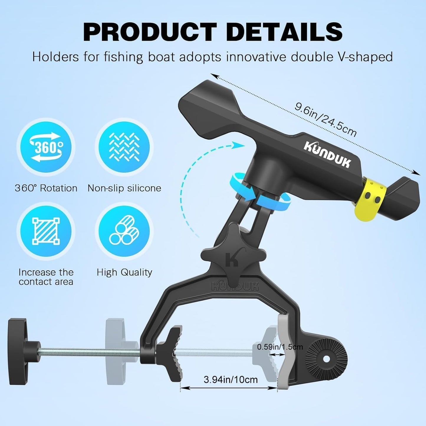 Fishing Rod Holder - 360° Dual Rotation with Button-Lock | Universal Silicone Strap & Enlarged V-Clamp for Round/Square Tubes