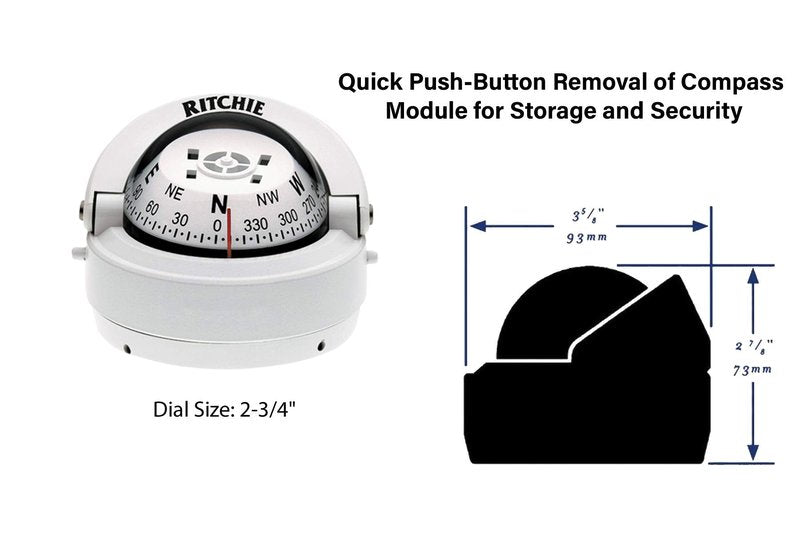 Ritchie Navigation Compass, Surface Mount, 2.75" Dial, Wht.