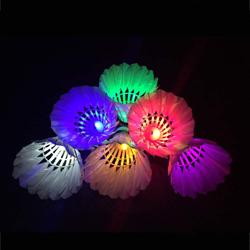 ZHENAN Glow in The Dark Badminton Birdies 6PCS,Goose Feather LED Badminton Shuttlecocks for Family Backyards Practice,Long Lasting Light Up Birdie Balls Set for Indoor Outdoor Sports Activities