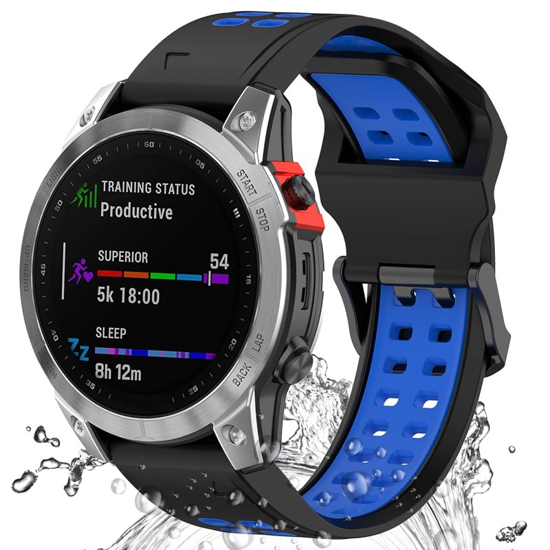 Miimall Compatible for Garmin Fenix 7X/6X/5X Bands, 26mm Width Soft Silicone Sport Waterproof Wristband Strap Band for Garmin Fenix 7X Solar/Fenix 6X/Fenix 5X Plus 26mm Quick-fit Band (Black, Blue)
