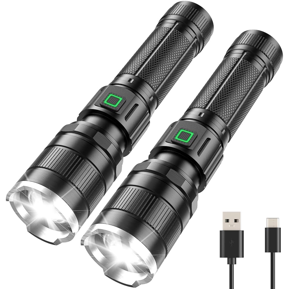 BUCASA Rechargeable Tactical Flashlight 6000 Lumens 2 Pack, Brightest LED Rechargeable Flashlights with 3 Modes & Zoomable, Waterproof Flashlight for Camping Hiking Emergency
