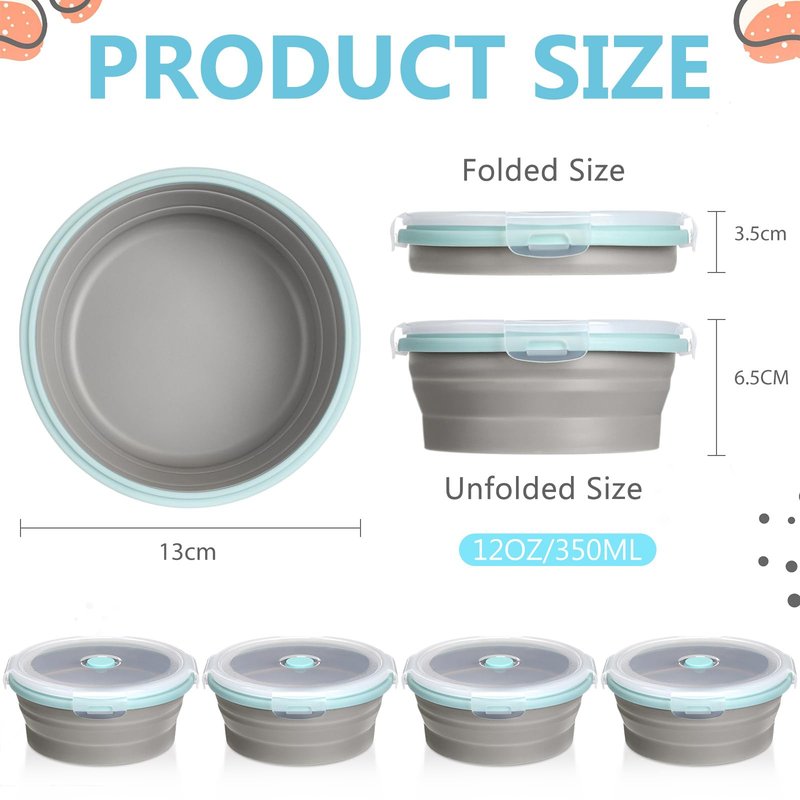 Suclain 4 Pcs Collapsible Bowls with Lids Silicone Camping Food Storage Container Expandable Folding Salad Lunch Box Travel Container for Hiking Camping(Blue Rim Gray,12 oz)