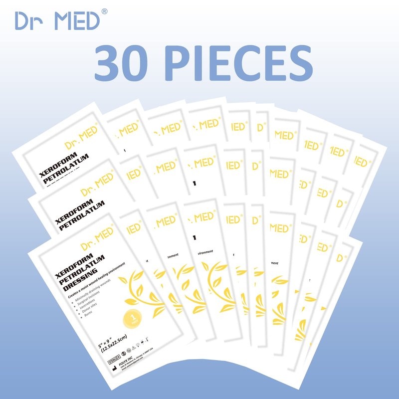 Dr.Med Xeroform Petrolatum Dressing Patch, 5"x9"-30 Pcs/Box, Non-Adherent Gauze Dressings, for Minor or Partial Thickness Burns, Lacerations, Skin Graft Recipient Sites, Newly Sutured Wounds