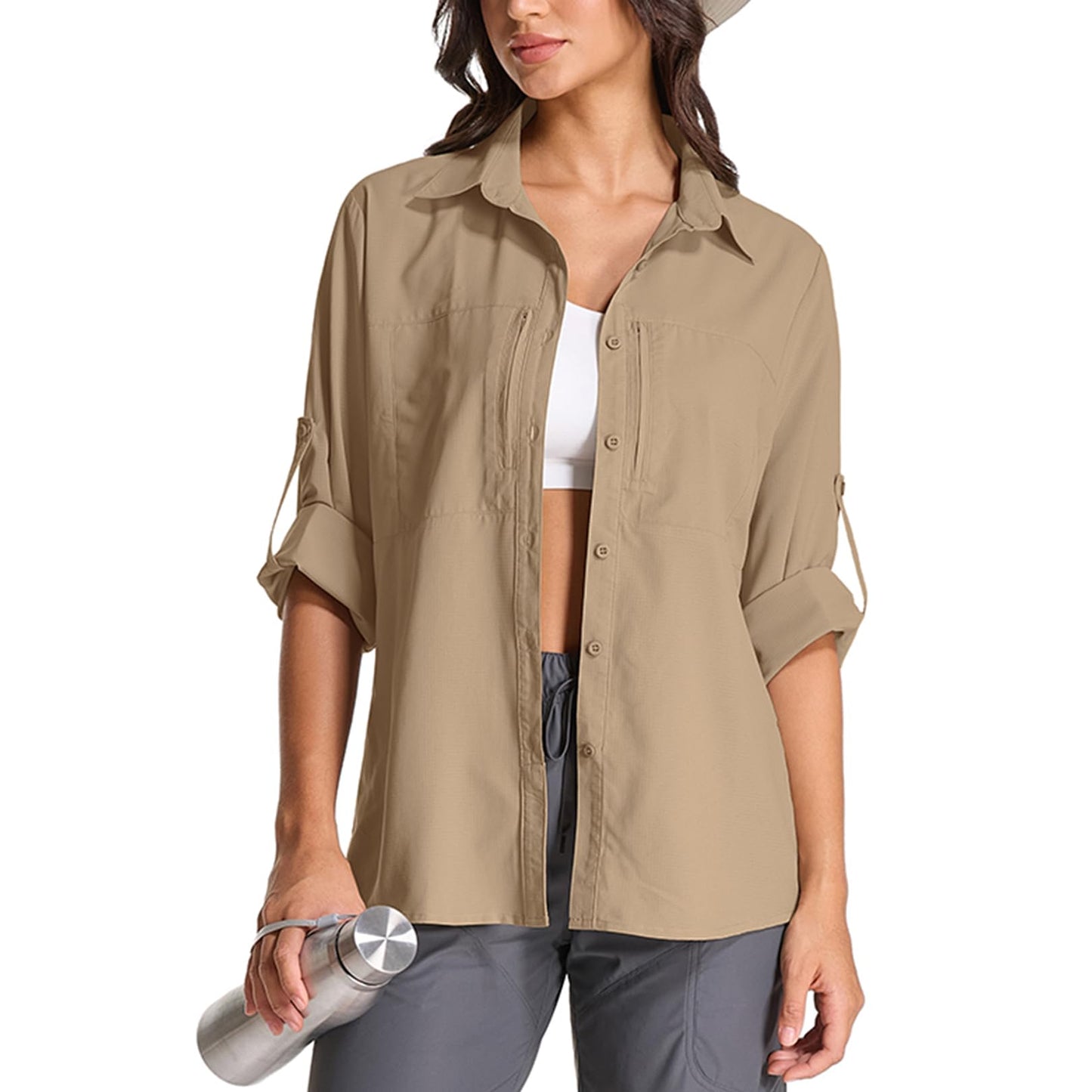Women's UPF 50 Long Sleeve Sun Shirt - Safari & Hiking Quick-Dry UV Protection Button-Up Travel Shirt for Fishing,Gardening,Africa,5087,Gravel Brown,L