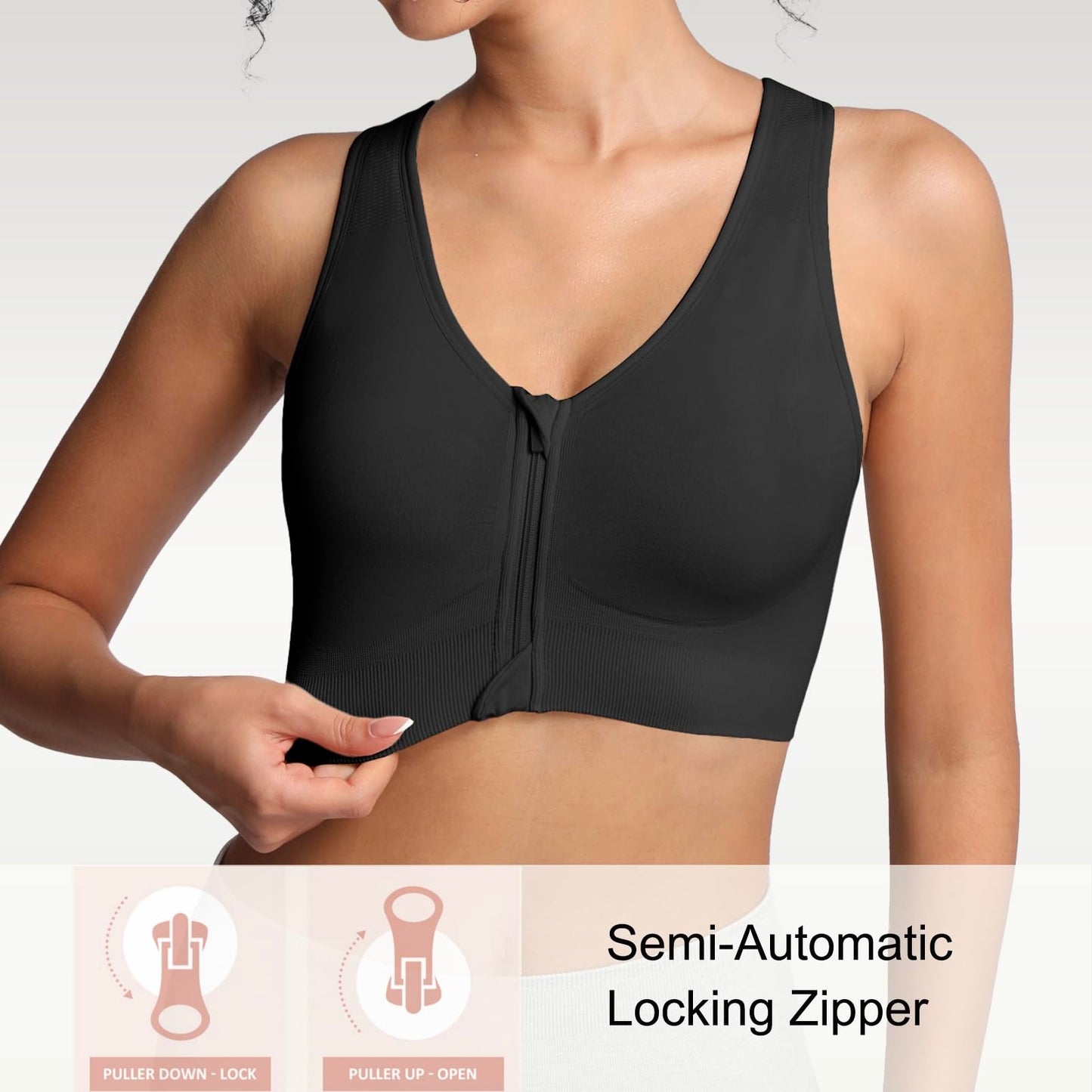 Lemef Front Zipper Sports Bras for Women Wirefree Post Surgery Bra Front Closure Racerback Compression Mastectomy Bras Black L