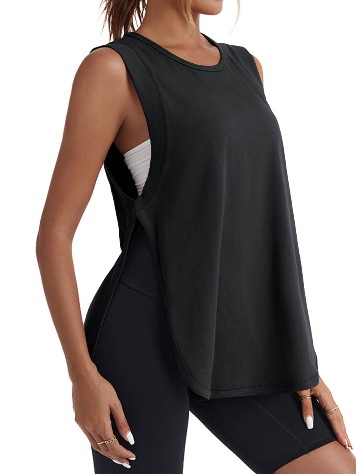Tankaneo Womens Summer Workout Tank Tops Cotton Side Slit Sleeveless Shirts Oversized Casual Yoga Gym Tees Black