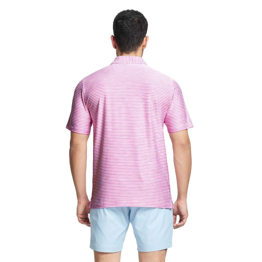M MAELREG Mens Golf Shirt Short Sleeve Dry Fit Striped Casual Moisture Wicking Collared Golf Polo Shirts for Men Rose White