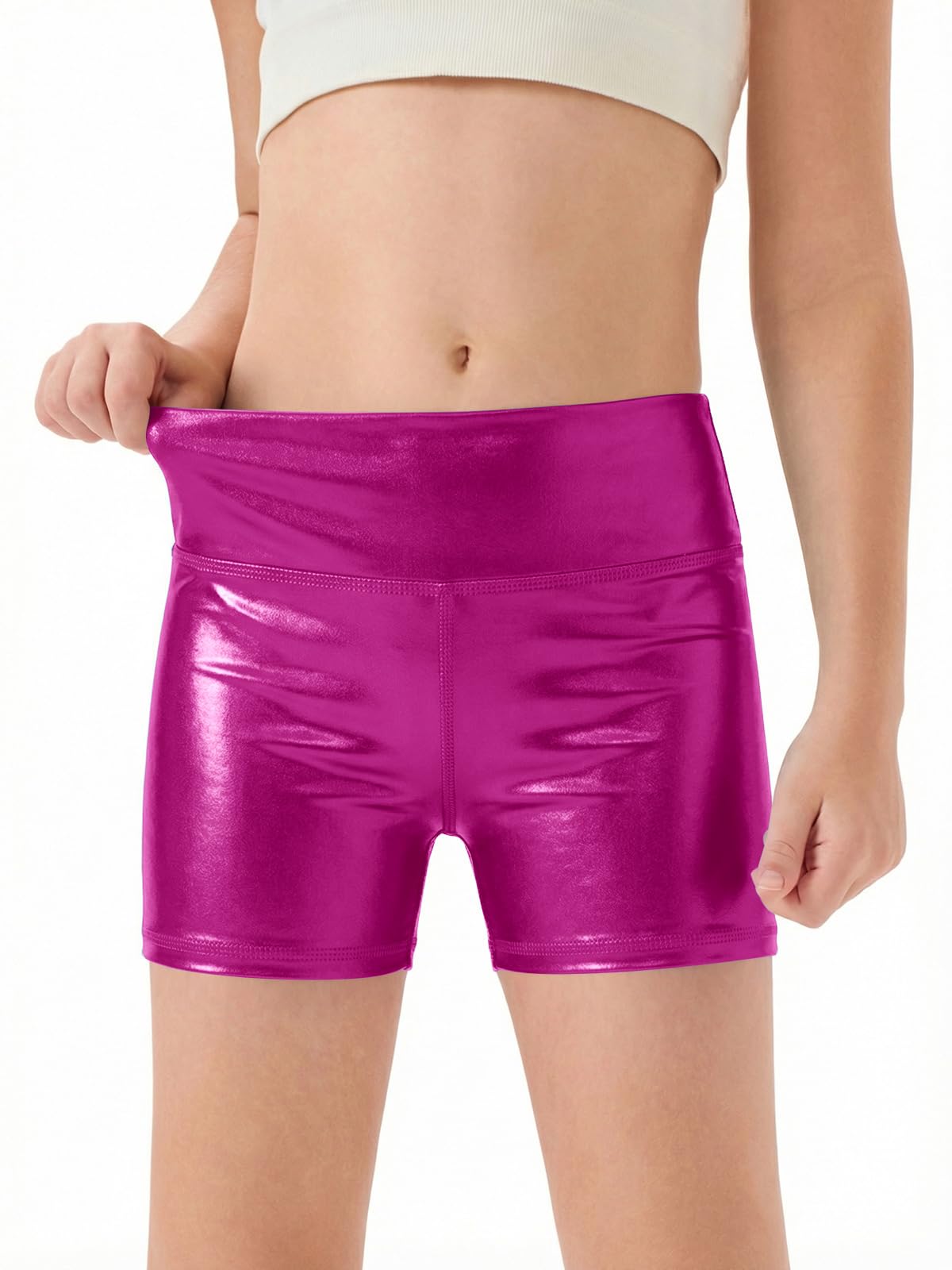 Haloumoning Girls Metallic Athletic Shorts Kids High Waisted Yoga Dance Biker Shorts Comfy Gymnastics Shorts 5-14Y
