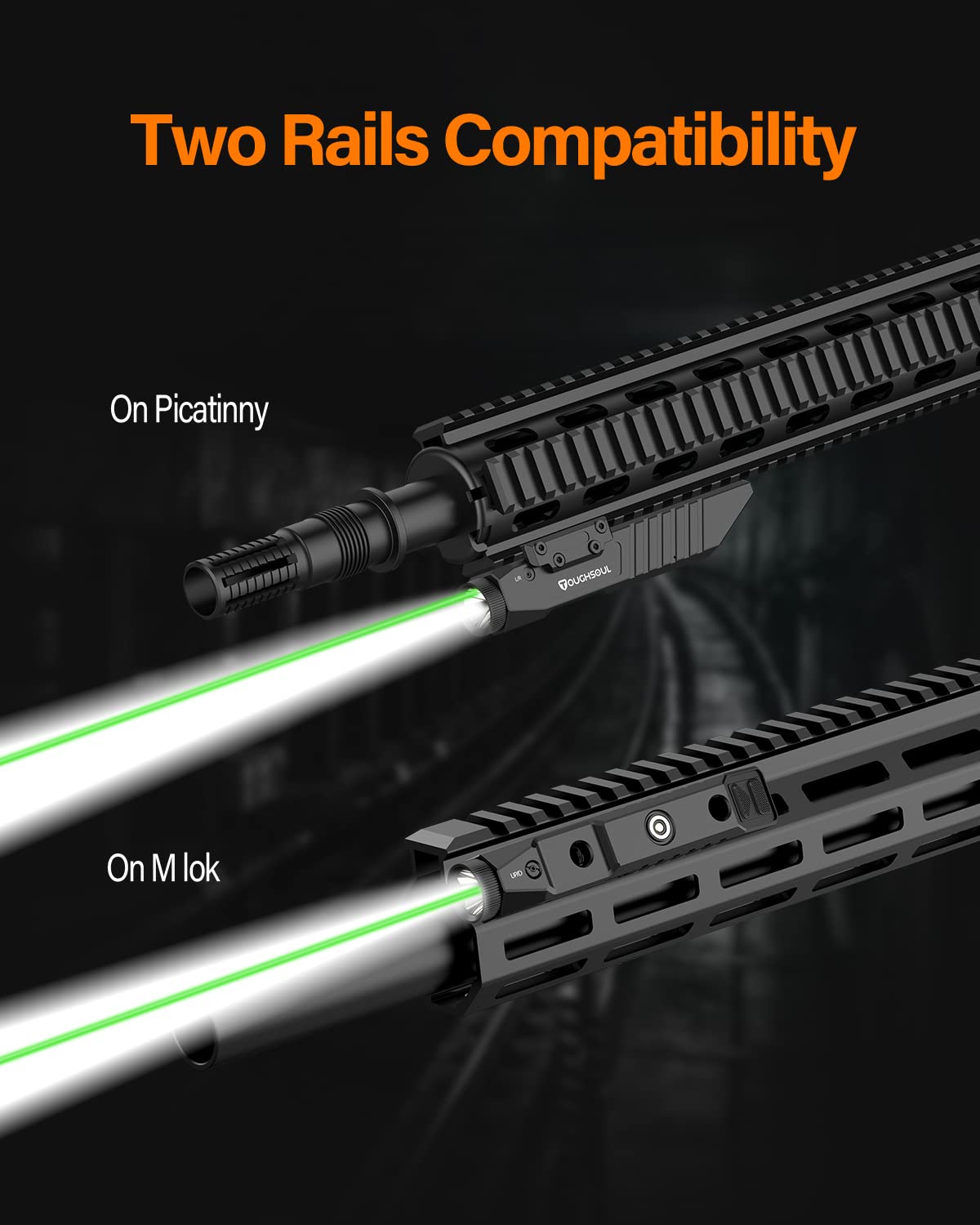 TOUGHSOUL Tactical Flashlight Green Laser Sight Combo, 1750 Lumen Picatinny Rail MLOK Mounted Rechargeable Rifle Flashlight (Green Laser)