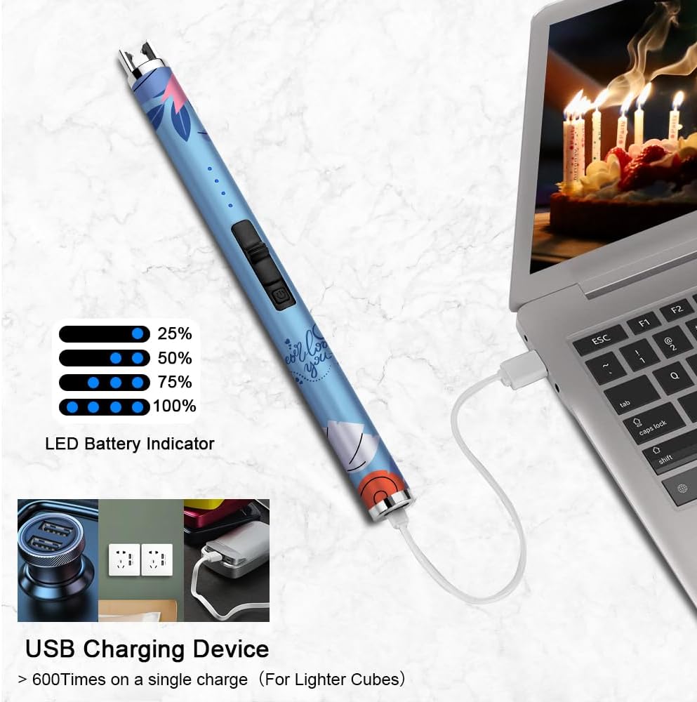 USB Type C Electric Candle Lighter - Flameless Plasma Design with LED Battery Display | Rechargeable & Windproof (Blue)