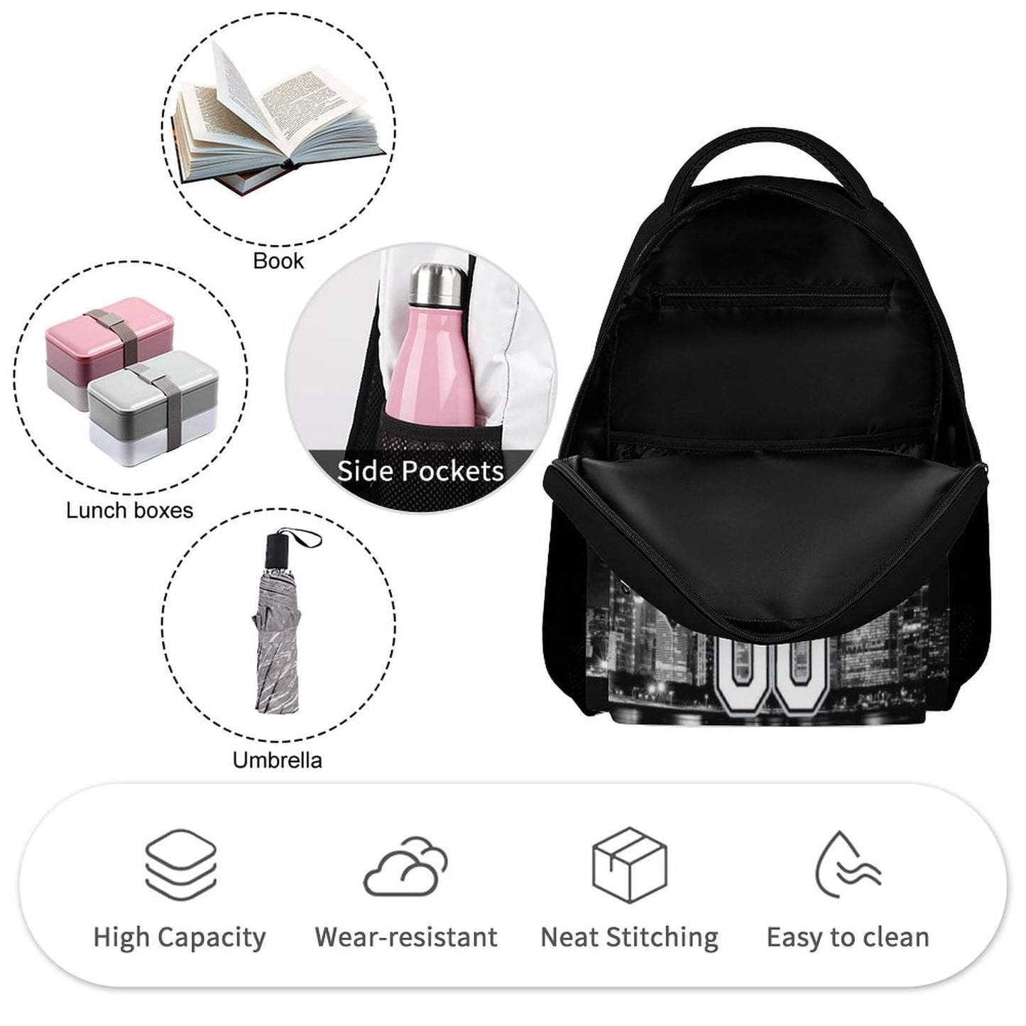 ZSX74B Custom Baseball City Night Skyline Backpack Personalized Travel Bag High Capacity Fan Name & Number Gift for Men Women